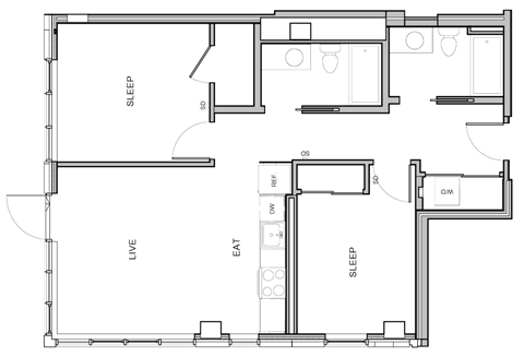 A floor plan of a house with labeled rooms such as sleep, live, eat, and bath.